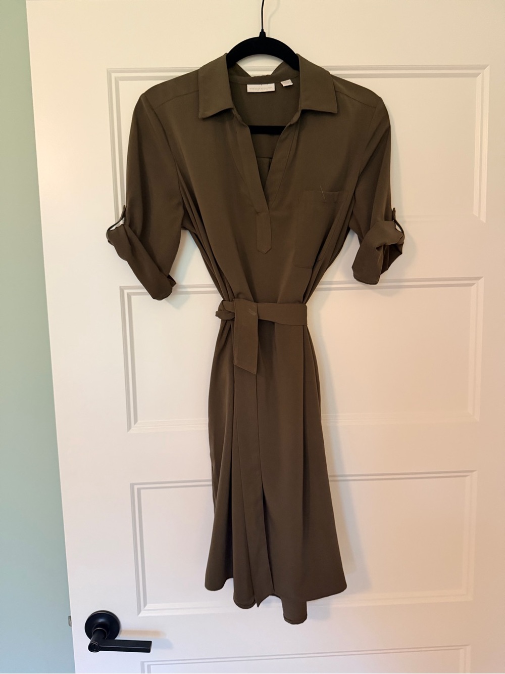 White House Black Market Olive Midi Shirt Dress with Tie Belt